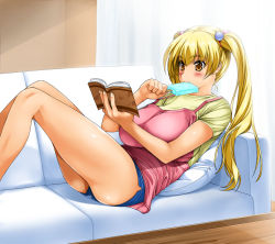 Rule 34 | 1girl, bad id, bad pixiv id, blonde hair, blush, book, breasts, couch, food, holding, holding book, huge breasts, kamia (not found), legs, long hair, lying, matsuoka kiyone, open book, orange eyes, original, popsicle, reading, short shorts, shorts, solo, twintails