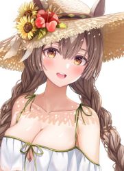 Rule 34 | 1girl, :d, animal ears, bad id, bad twitter id, bare shoulders, blush, braid, breasts, brown eyes, brown hair, brown hat, cleavage, collarbone, commentary, dappled sunlight, ears through headwear, flower, funii, green ribbon, hat, hat flower, hibiscus, horse ears, horse girl, long hair, looking at viewer, medium breasts, open mouth, red flower, ribbon, satono diamond (umamusume), smile, solo, sunflower, sunlight, symbol-only commentary, teeth, twin braids, umamusume, upper body, upper teeth only, yellow flower