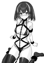 Rule 34 | 1girl, alternate costume, anklet, arknights, bdsm, bikini, blush, breasts, chain, cleavage, closed mouth, collar, earrings, from above, full body, greyscale, harness, highres, jewelry, leash, looking at viewer, magallan (arknights), medium breasts, monochrome, multicolored hair, navel, o-ring, short hair, sigm@, simple background, single earring, sitting, slave, solo, strap, streaked hair, string bikini, swimsuit, thighhighs, thong bikini, two-tone hair, wariza, white background