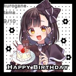 Rule 34 | 1girl, :d, asymmetrical bangs, black border, black bow, black dress, black hair, blunt bangs, blush, border, bow, cake, character name, commentary request, denonbu, dress, food, fork, fruit, hair bow, hands up, happy birthday, highres, holding, holding fork, holding plate, kurogane tama, long sleeves, looking at viewer, macaron, mii (mii chan11), official alternate costume, open mouth, plate, pocky, polka dot, polka dot background, short hair, smile, solo, strawberry, upper body, yellow eyes