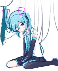 Rule 34 | 1girl, aqua eyes, aqua hair, aqua necktie, bare shoulders, between legs, black footwear, black skirt, black sleeves, blush, boots, cable, chibikki, closed mouth, commentary, detached sleeves, dot mouth, dot nose, feet out of frame, hair ornament, hand between legs, hatsune miku, hatsune miku (vocaloid4), head tilt, highres, long hair, long sleeves, looking at viewer, necktie, number tattoo, one eye closed, pleated skirt, shirt, shoulder tattoo, simple background, sitting, skirt, sleeveless, sleeveless shirt, solo, tattoo, thigh boots, twintails, v4x, v arms, very long hair, vocaloid, wariza, white background