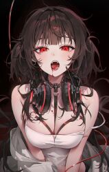 Rule 34 | 1girl, absurdres, blood, breasts, brown hair, ear piercing, fangs, headphones, headphones around neck, highres, jacket, large breasts, long hair, open clothes, open jacket, open mouth, original, piercing, red eyes, shirt, short twintails, sitting, solo, tank top, teeth, tongue, tongue piercing, twintails, unzipped, white jacket, white shirt, ye jji, zipper