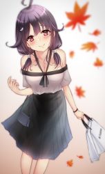 Rule 34 | 1girl, ahoge, alternate costume, autumn leaves, bag, black skirt, breasts, hair flaps, hair ornament, highres, kantai collection, large breasts, low twintails, nuka (nvkka), off-shoulder shirt, off shoulder, pleated skirt, purple hair, red eyes, shirt, shopping bag, skirt, solo, taigei (kancolle), twintails, whale hair ornament, white shirt