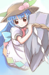 Rule 34 | 1girl, blue hair, blue skirt, blush, bow, bowtie, brown headwear, closed mouth, commentary request, cowboy shot, emurin, flat chest, hinanawi tenshi, keystone, leaf hat ornament, long hair, looking at viewer, peach hat ornament, puffy short sleeves, puffy sleeves, rainbow gradient, red bow, red bowtie, red eyes, rope, shide, shimenawa, shirt, short sleeves, skirt, smile, solo, touhou, white shirt