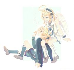 Rule 34 | 1boy, 1girl, angel, angel wings, blonde hair, blue eyes, blue jacket, blue shorts, blue socks, bow, bubble, chinese commentary, collared shirt, commentary request, flower, grey footwear, hair bow, hair flower, hair ornament, hairclip, halo, jacket, kagamine len, kagamine rin, kneehighs, legwear garter, looking at another, looking down, looking up, parted lips, ribbon, shirt, short hair, short ponytail, short shorts, shorts, sitting, sleeveless, sleeveless shirt, smile, socks, striped ribbon, swept bangs, vocaloid, w.r.b, white bow, white shirt, white shorts, white socks, wings, wrist cuffs