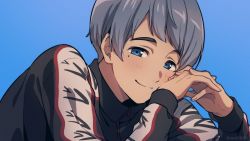 Rule 34 | 1boy, asada hachi, black jacket, blue background, blue eyes, blush, bowl cut, closed mouth, commentary, free!, grey hair, highres, jacket, long sleeves, male focus, mole, mole under eye, nitori aiichirou, own hands clasped, own hands together, short hair, simple background, smile, solo, track jacket, twitter username, upper body, watermark, zipper, zipper pull tab