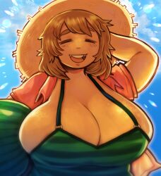 Rule 34 | 1girl, absurdres, blue background, blush, breasts, brown hair, cleavage, closed eyes, collared shirt, commentary, dungeon meshi, english commentary, falin touden, falin touden (tallman), food print, green stripes, hat, highres, holding watermelon, huge breasts, open mouth, shirt, smile, solo, straw hat, thren, watermelon print