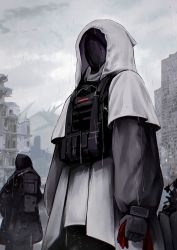 Rule 34 | 2others, absurdres, amamizu shizuku, arknights, black gloves, black suit, building, bulletproof vest, cloud, cowboy shot, faceless, from side, gloves, highres, holding, hood, long sleeves, multiple others, puffy sleeves, rain, sky, standing, suit
