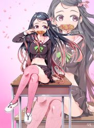 Rule 34 | 1girl, anyway (amteun), arm support, black hair, black serafuku, black shirt, black skirt, bow, breasts, brown hair, collarbone, commentary request, covered mouth, crossed legs, desk, food, gradient background, gradient hair, green bow, hair ribbon, hand up, highres, holding, holding food, kamado nezuko, kimetsu no yaiba, long hair, long sleeves, looking away, looking to the side, medium breasts, midriff, multicolored hair, navel, on desk, petals, pink background, pink ribbon, pink sailor collar, pink thighhighs, pleated skirt, purple background, purple eyes, ribbon, sailor collar, school desk, school uniform, serafuku, shirt, shoes, sitting, on desk, skirt, sleeves past wrists, solo, swept bangs, thighhighs, very long hair, white footwear