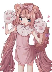 Rule 34 | 1girl, animal ears, animal hands, bear ears, bear girl, blue eyes, blush, bow, commentary, dress, gloves, hair bow, heart, highres, indie virtual youtuber, long hair, low twintails, neko yeye, open mouth, paw gloves, pink bow, pink dress, pink hair, simple background, smile, solo, symbol-only commentary, twintails, very long hair, white background