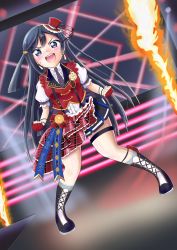 Rule 34 | 1girl, artist name, artist request, bare legs, black footwear, black hair, black skirt, blue hair, blue ribbon, blush, boots, breasts, chase (love live!), clenched hands, collared shirt, cross-laced footwear, dark blue hair, dress shirt, earrings, female focus, fingerless gloves, full body, gloves, grey eyes, hair ornament, hairclip, half gloves, hat, high heel boots, high heels, highres, indoors, jewelry, layered skirt, legwear garter, long hair, looking at viewer, love live!, love live! nijigasaki high school idol club, love live! school idol festival, mini hat, mini top hat, miniskirt, necktie, on stage, parted lips, plaid, plaid skirt, pleated, pleated skirt, ponytail, puffy short sleeves, puffy sleeves, purple neckwear, red gloves, red hat, red shirt, red skirt, red vest, ribbon, shirt, short sleeves, side ponytail, single legwear garter, skirt, small breasts, smile, solo, sparkle print, stage, stage lights, stairs, standing, suspender skirt, suspenders, sweatdrop, top hat, triangle earrings, v-shaped eyebrows, vest, white shirt, wing collar, yuki setsuna (love live!)