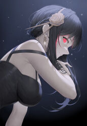 Rule 34 | 1girl, absurdres, bare shoulders, black dress, black hair, breasts, closed mouth, commentary, dress, earrings, flower, hair flower, hair ornament, hairband, highres, jewelry, large breasts, long hair, looking at viewer, red eyes, sidelocks, sleeveless, soho (user dphk5745), solo, spy x family, upper body, white background, yor briar