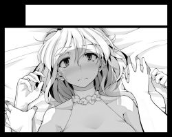 Rule 34 | 1girl, aya shachou, blush, female focus, greyscale, highres, looking at viewer, looking up, lying, maribel hearn, monochrome, on back, open mouth, short hair, solo, touhou