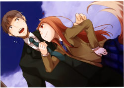 Rule 34 | 1boy, 1girl, :o, animal ears, ayakura juu, blazer, blue sky, brown hair, contemporary, craft lawrence, dutch angle, flying sweatdrops, grey hair, hand on own hip, heart, highres, holo, jacket, long hair, looking up, miniskirt, necktie, necktie grab, neckwear grab, open mouth, plaid, plaid skirt, pleated skirt, red eyes, scan, school uniform, short hair, skirt, sky, smile, spice and wolf, tail, wolf ears, wolf tail