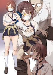 Rule 34 | 1boy, 1girl, ahoge, azur lane, baltimore (after-school ace) (azur lane), baltimore (azur lane), banssee, before and after, blouse, braid, grabbing another&#039;s breast, breasts, brown hair, choker, clothes around waist, fellatio, fellatio under mask, grabbing, hand on penis, highres, large breasts, loose necktie, mask, necktie, old, old man, open clothes, open shirt, oral, penis, phone, pleated skirt, prostitution, pubic hair, school uniform, shirt, short hair, single braid, skirt, sweater, sweater around waist, uncensored, veins, veiny penis