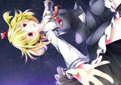 Rule 34 | 1girl, ascot, blonde hair, blouse, blush, embodiment of scarlet devil, female focus, flying, night, outdoors, outstretched arms, red ascot, rumia, shirt, sky, smile, solo, spread arms, star (sky), sugiyuu, touhou, upside-down, white shirt