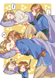Rule 34 | !?, 1boy, 1girl, babigonice, belt, belt bag, blanket, blonde hair, blue eyes, blue tunic, blush, blush stickers, border, braid, brown belt, closed eyes, commentary, couple, crown braid, drooling, earrings, english commentary, green sweater, hair ornament, hairclip, heart, hetero, highres, jewelry, kiss, kissing cheek, link, long hair, looking at another, low ponytail, lying, nintendo, on side, outside border, pants, parted bangs, pillow, pointy ears, princess, princess zelda, ribbed sweater, short hair, short sleeves, sidelocks, sitting, sleeping, speech bubble, sweater, the legend of zelda, the legend of zelda: tears of the kingdom, triforce, turtleneck, turtleneck sweater, white border, zzz
