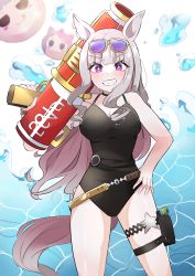 Rule 34 | 1girl, :d, absurdres, animal ears, black one-piece swimsuit, breasts, cleavage, coco (coco rr), earrings, eyewear on head, gold ship (run revolt launcher) (umamusume), gold ship (umamusume), grin, hand on own hip, highres, holding, horse ears, horse girl, horse tail, jewelry, looking at viewer, one-piece swimsuit, open mouth, purple eyes, purple hair, smile, solo, sunglasses, swimsuit, tail, umamusume, water, waves, white background