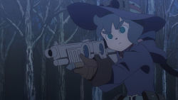 Rule 34 | 10s, 1girl, aiming, constanze amalie von braunschbank-albrechtsberger, forest, green eyes, gun, hat, little witch academia, nature, night, outdoors, solo, tagme, weapon, witch hat