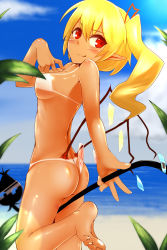 Rule 34 | 1girl, ass, bad id, bad pixiv id, barefoot, beach, blonde hair, blush, breasts, censored, cloud, convenient censoring, day, feet, female focus, flandre scarlet, hair ribbon, highres, holding, laevatein, leg up, long hair, low wings, mantarou (shiawase no aoi tori), medium breasts, nude, outdoors, pointy ears, red eyes, ribbon, side ponytail, sky, smile, soles, solo, tan, tanline, toes, touhou, water, wings