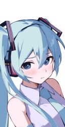 Rule 34 | 1girl, blue eyes, blue hair, blue necktie, blush, breasts, collared shirt, commentary, hair between eyes, hair ornament, hatsune miku, headphones, highres, long hair, looking at viewer, necktie, rakugaki ningen, shirt, simple background, sleeveless, sleeveless shirt, small breasts, solo, twintails, upper body, vocaloid, wavy mouth, white background, white shirt