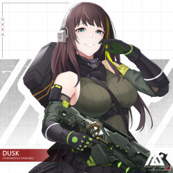 Rule 34 | 1girl, artist logo, assault rifle, breasts, brown eyes, brown hair, call of duty, call of duty: mobile, character name, cosplay, dusk (call of duty: mobile), girls&#039; frontline, gloves, green hair, gun, highres, holding, holding gun, holding weapon, large breasts, long hair, looking at viewer, m4a1 (girls&#039; frontline), m4a1 (girls&#039; frontline) (cosplay), m4a1 (mod3) (girls&#039; frontline), mask, multicolored hair, particle cannon case, rifle, skull mask, solo, streaked hair, weapon