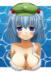 Rule 34 | 1girl, akagiakemi, bare shoulders, blue eyes, blue hair, blush, breasts, cleavage, female focus, hair bobbles, hair ornament, hat, kawashiro nitori, matching hair/eyes, medium breasts, smile, solo, strap slip, touhou, twintails, two side up, upper body