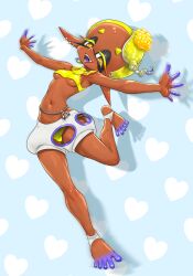 armpits belt bikini blonde_hair breasts charm clothing_cutout colored_tongue dark-skinned_female dark_skin frye_(splatoon) full_body hair_ornament highres koharu2.5 leg_up long_pointy_ears looking_at_viewer multiple_piercings navel nintendo open_mouth outstretched_arms pointy_ears pointy_nose purple_tongue pussy shadow simple_background smile spiked_ear_piercing splatoon_(series) spread_arms standing standing_on_one_leg star-shaped_pupils star_(symbol) stirrup_footwear swimsuit symbol-shaped_pupils tentacle_hair triangle_mouth underboob white_background wide_hips yellow_bikini yellow_eyes yellow_pupils