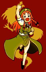 Rule 34 | &gt;:), &gt;:d, 1girl, :d, arm up, bow, braid, clenched hand, clenched hands, dragon, female focus, hat, hong meiling, long hair, open mouth, orange hair, raised fist, red background, ribbon, shouryuuken, smile, solid circle eyes, solo, star (symbol), terrajin, touhou, twin braids, uppercut, v-shaped eyebrows