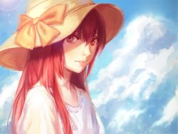 Rule 34 | 10s, 1girl, achyue, alternate hairstyle, free!, hair down, hat, matsuoka gou, red eyes, red hair, solo, sun hat, upper body, wavy mouth
