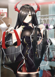 Rule 34 | 1girl, absurdres, azur lane, bare shoulders, bikini, black dress, black hair, black thighhighs, blush, breasts, dress, friedrich der grosse (azur lane), hair over one eye, highres, holding, holding clothes, holding swimsuit, horns, large breasts, long hair, looking at viewer, red horns, short dress, smile, solo, suzuki (white-world), swimsuit, thighhighs, unworn bikini, unworn swimsuit, very long hair, zettai ryouiki