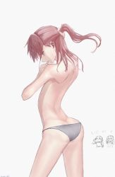 Rule 34 | 1girl, absurdres, ass, back, bare back, bare shoulders, butt crack, closed mouth, feet out of frame, girls&#039; frontline, grey panties, hand in own hair, hetare galm sue, highres, long hair, looking at viewer, looking to the side, panties, pink hair, ponytail, purple eyes, solo, st ar-15 (girls&#039; frontline), standing, underwear, white background
