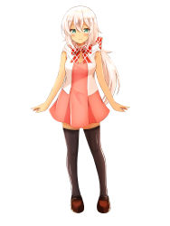 Rule 34 | 1girl, absurdres, bare arms, bare shoulders, black thighhighs, blush, bow, brown footwear, closed mouth, collar, detached collar, dress, full body, green eyes, hair between eyes, highres, jacket, loafers, long hair, open clothes, open jacket, original, pink dress, pleated dress, red bow, shibakame, shoes, simple background, sleeveless, sleeveless jacket, smile, solo, standing, thighhighs, very long hair, white background, white collar, white hair, white jacket