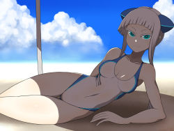 Rule 34 | 1girl, alternate color, alternate costume, aqua eyes, arm behind back, beach, blunt bangs, blurry, breasts, cleavage, cloud, colored eyelashes, competition swimsuit, day, depth of field, electro emilia, headgear, hime cut, ken (koala), legs, long hair, lying, medium breasts, neon trim, on side, one-piece swimsuit, original, outdoors, ringed eyes, sand, shade, sky, smile, solo, swimsuit, thigh gap, thighs, transparent, white hair