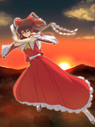 Rule 34 | 1girl, ascot, bow, brown eyes, brown hair, closed mouth, cloud, commentary, detached sleeves, frilled skirt, frills, full body, gohei, gradient sky, hair bow, hair tubes, hakurei reimu, highres, holding, horizon, kakone, long skirt, looking at viewer, mountainous horizon, ofuda, outdoors, red bow, red shirt, red skirt, ribbon-trimmed sleeves, ribbon trim, shide, shirt, sidelocks, skirt, sky, socks, solo, sun, sunset, touhou, white socks, wide sleeves, yellow ascot