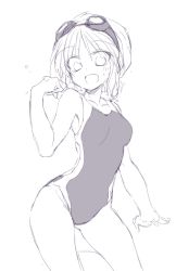 Rule 34 | 1girl, alice margatroid, commentary request, competition swimsuit, goggles, goggles on head, greyscale, hand up, looking at viewer, monochrome, one-piece swimsuit, open mouth, satou kibi, simple background, sketch, smile, solo, swimsuit, touhou, water drop, white background