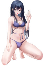 Rule 34 | absurdres, bikini, black hair, blue bikini, blue eyes, breasts, cameltoe, cleavage, highres, looking at viewer, mane031210, medium breasts, naughty face, navel, original, simple background, spread legs, squatting, swimsuit, toes, tongue, tongue out, v, white background