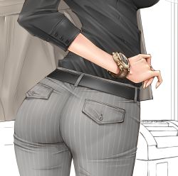 Rule 34 | 1girl, ass, ass focus, belt, black shirt, buttons, commentary request, dress shirt, formal, from behind, highres, original, pants, pantylines, pocket, shirt, short sleeves, solo, striped clothes, striped pants, unbalance, watch