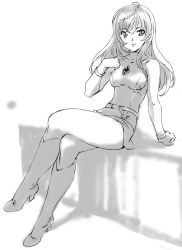 Rule 34 | 00s, 1girl, bare shoulders, boots, bracelet, crossed legs, earrings, full body, greyscale, hand on own chest, high heel boots, high heels, highres, jewelry, knee boots, legs, long hair, long legs, miniskirt, mireille bouquet, monochrome, moriguchi nao (naonao), naonao77, noir (anime), original, shoes, simple background, sitting, skirt, sleeveless, sleeveless turtleneck, smile, solo, sweater, thigh boots, thighhighs, thighs, turtleneck, white background