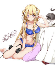 Rule 34 | 1girl, bed, blonde hair, blue bra, blue panties, bra, breasts, cat, cleavage, collarbone, double bun, fletcher (kancolle), frilled bra, frilled panties, frills, hair bun, hair ornament, headphones, highres, kantai collection, large breasts, long hair, midriff, navel, panties, pillow, purple eyes, rizzl, signature, sitting, smile, solo, star (symbol), star hair ornament, stomach, underwear, white background