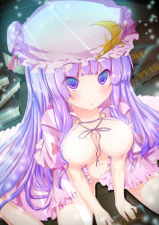 Rule 34 | 1girl, bad id, bad pixiv id, blush, book, bottomless, bow, breasts, censored, convenient censoring, crescent, female focus, hair bow, hat, highres, inu3, large breasts, long hair, looking up, nipples, no bra, no panties, open clothes, patchouli knowledge, purple eyes, purple hair, sitting, solo, touhou, very long hair, wariza