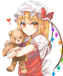 Rule 34 | 1girl, absurdres, ascot, back bow, blonde hair, blush, bow, closed mouth, commentary, crossed arms, crystal, expressionless, flandre scarlet, frilled shirt collar, frilled sleeves, frills, frown, hat, hat bow, hat ribbon, heart, highres, holding, holding stuffed toy, hya ro, looking at viewer, medium hair, mob cap, one side up, puffy short sleeves, puffy sleeves, purple ribbon, red bow, red eyes, red ribbon, red vest, ribbon, short sleeves, simple background, stuffed animal, stuffed toy, teddy bear, touhou, upper body, vest, white background, wings, yellow ascot