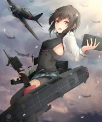Rule 34 | 10s, 1girl, aircraft, airplane, bike shorts, bow (weapon), breasts, brown eyes, brown hair, crossbow, flight deck, headband, headgear, highres, jenson tw, kantai collection, matching hair/eyes, open mouth, sideboob, small breasts, solo, taihou (kancolle), thighhighs, weapon