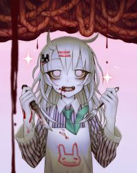 Rule 34 | 1girl, 2017, blood, blood from mouth, closed mouth, colored skin, cross-eyed, fangs, guro, hair ornament, holding, holding knife, knife, long hair, narrowed eyes, necktie, open mouth, original, pink background, rofortyseven, shirt, simple background, smile, solo, sparkle, striped clothes, upper body, white hair, white skin