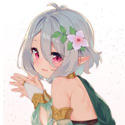 Rule 34 | 1girl, antenna hair, bare shoulders, bridal gauntlets, flower, green sleeves, hair between eyes, hair flower, hair ornament, highres, interlocked fingers, kokkoro (princess connect!), looking at viewer, looking back, open mouth, own hands clasped, own hands together, pointy ears, princess connect!, red eyes, see-through, see-through sleeves, shoulder blades, silver hair, simple background, smile, solo, tofu1601, white flower