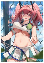 Rule 34 | 1girl, absurdres, azur lane, ball, blue sky, blurry, blurry foreground, blush, breasts, bremerton (azur lane), bremerton (scorching-hot training) (azur lane), chain-link fence, cloud, collarbone, commentary request, covered erect nipples, cowboy shot, crop top, crop top overhang, day, fence, green skirt, grey hair, groin, hair between eyes, hair intakes, hair ornament, hairclip, highres, holding, holding racket, large breasts, lens flare, long hair, looking down, midriff, multicolored hair, natsuichi-sama, navel, no bra, no mole, open mouth, outdoors, pink eyes, pink hair, pleated skirt, racket, shirt, sidelocks, skirt, sky, sleeveless, sleeveless shirt, solo, sportswear, standing, streaked hair, sweat, tennis, tennis ball, tennis racket, tennis uniform, twintails, two-tone hair, two-tone shirt, two-tone skirt, underboob, wavy mouth, white shirt, white skirt, x hair ornament
