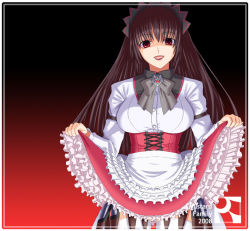 Rule 34 | 1girl, black hair, bow, breasts, clothes lift, corset, frills, gradient background, knife, large breasts, long hair, maid headdress, minazuki jiyun, naughty face, red eyes, skirt, skirt lift, solo, thighhighs, very long hair, white thighhighs