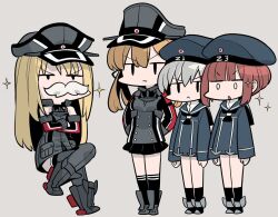 Rule 34 | :&lt;, arms behind back, bismarck (kancolle), black socks, black thighhighs, blonde hair, blue dress, blue sailor collar, blunt bangs, chibi, closed mouth, commentary, crossed arms, dress, fake facial hair, fake mustache, grey background, grey hair, hair ribbon, hat, kantai collection, kneehighs, long hair, long sleeves, military hat, military uniform, monaka ooji, multiple girls, parted lips, peaked cap, pleated skirt, prinz eugen (kancolle), ribbon, sailor collar, sailor dress, short dress, short hair, simple background, skirt, socks, sparkle, standing, thighhighs, uniform, z1 leberecht maass (kancolle), z3 max schultz (kancolle)