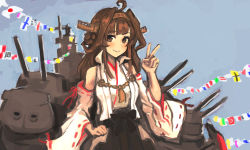 Rule 34 | 1girl, absurdres, ahoge, blue background, breasts, brown hair, detached sleeves, flag, hand on own hip, headgear, highres, japanese clothes, kantai collection, kongou (kancolle), kongou kai ni (kancolle), long hair, long sleeves, moor, nontraditional miko, pleated skirt, ribbon-trimmed sleeves, ribbon trim, rigging, simple background, skirt, smile, solo, upper body, v, wide sleeves