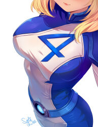 1girl absurdres blonde_hair blue_bodysuit bodysuit breasts fantastic_four highres large_breasts marvel marvel_rivals out_of_frame sailieart signature simple_background skin_tight sue_storm two-tone_bodysuit white_background white_bodysuit